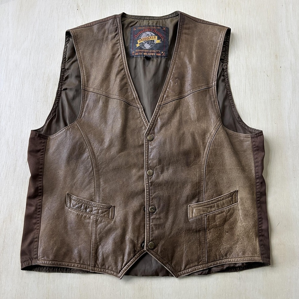 Adventure Bound By Wilsons Vest Mens Medium Brown Leather Biker Lined Snap Front